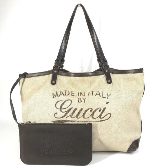 GUCCI 247207 With porch logo Tote Bag Shoulder Bag Leather/Canvas Beige/Brown - Picture 1 of 13
